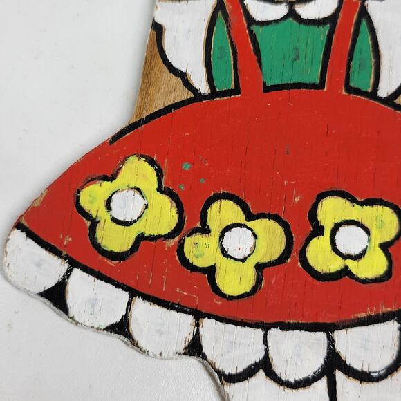 VINTAGE Wooden Girl Christmas Ornament 4" Red Hand Painted Flat Double Side 70s - Picture 9 of 12
